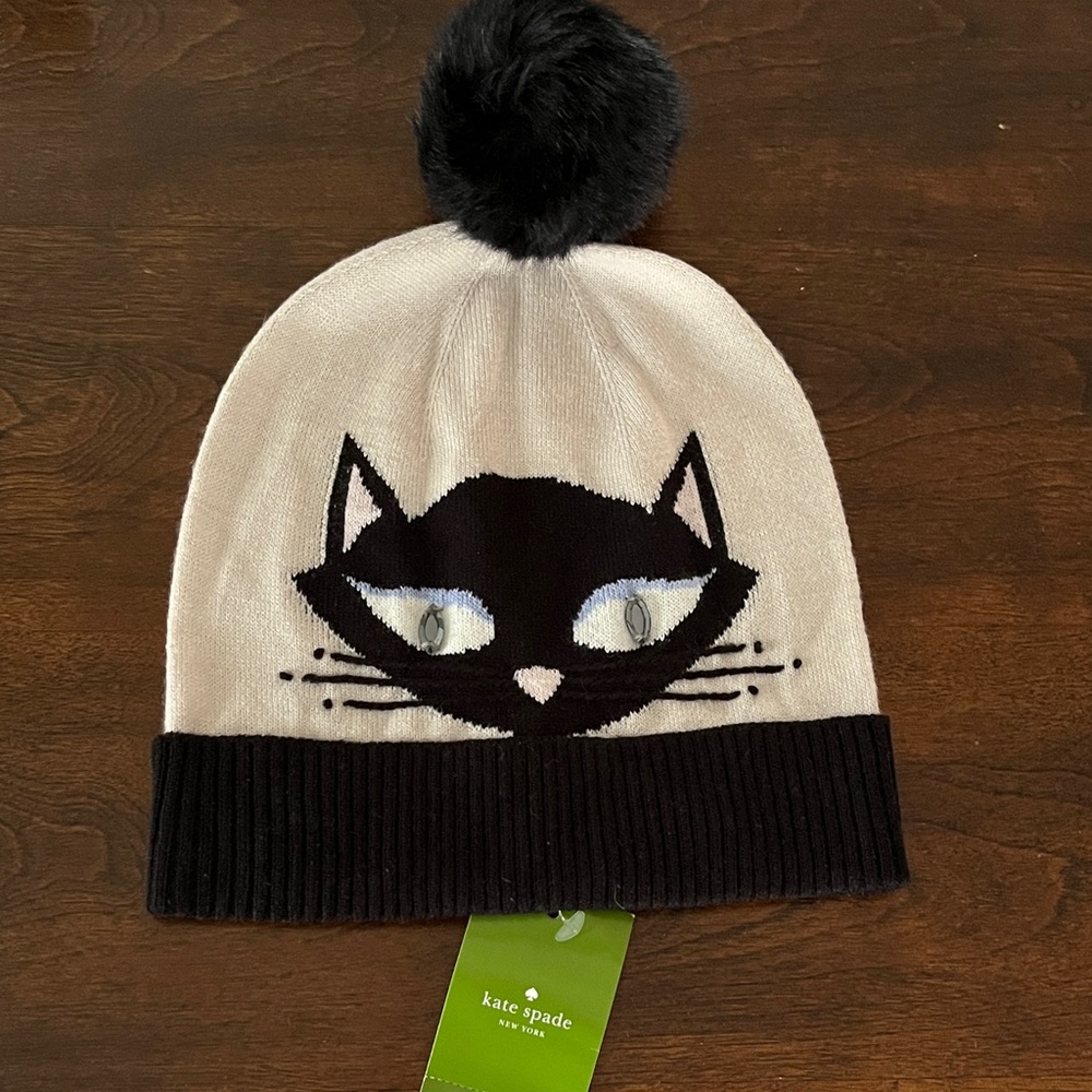 Kate Spade Cream and Black Cool Cat Beanie